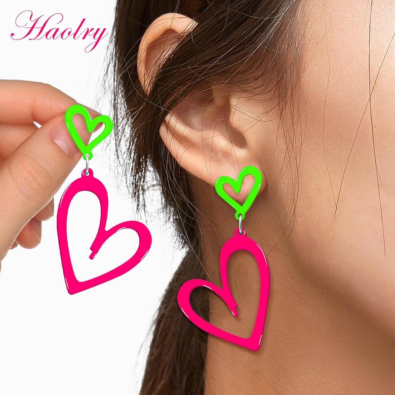HOLYRY Neon Heart Earrings for Women Acrylic Neon Earrings 80s 90s Outfit for Women Glow Party Accessories Gifts Hot Pink Orange Green Yellow - Image 3
